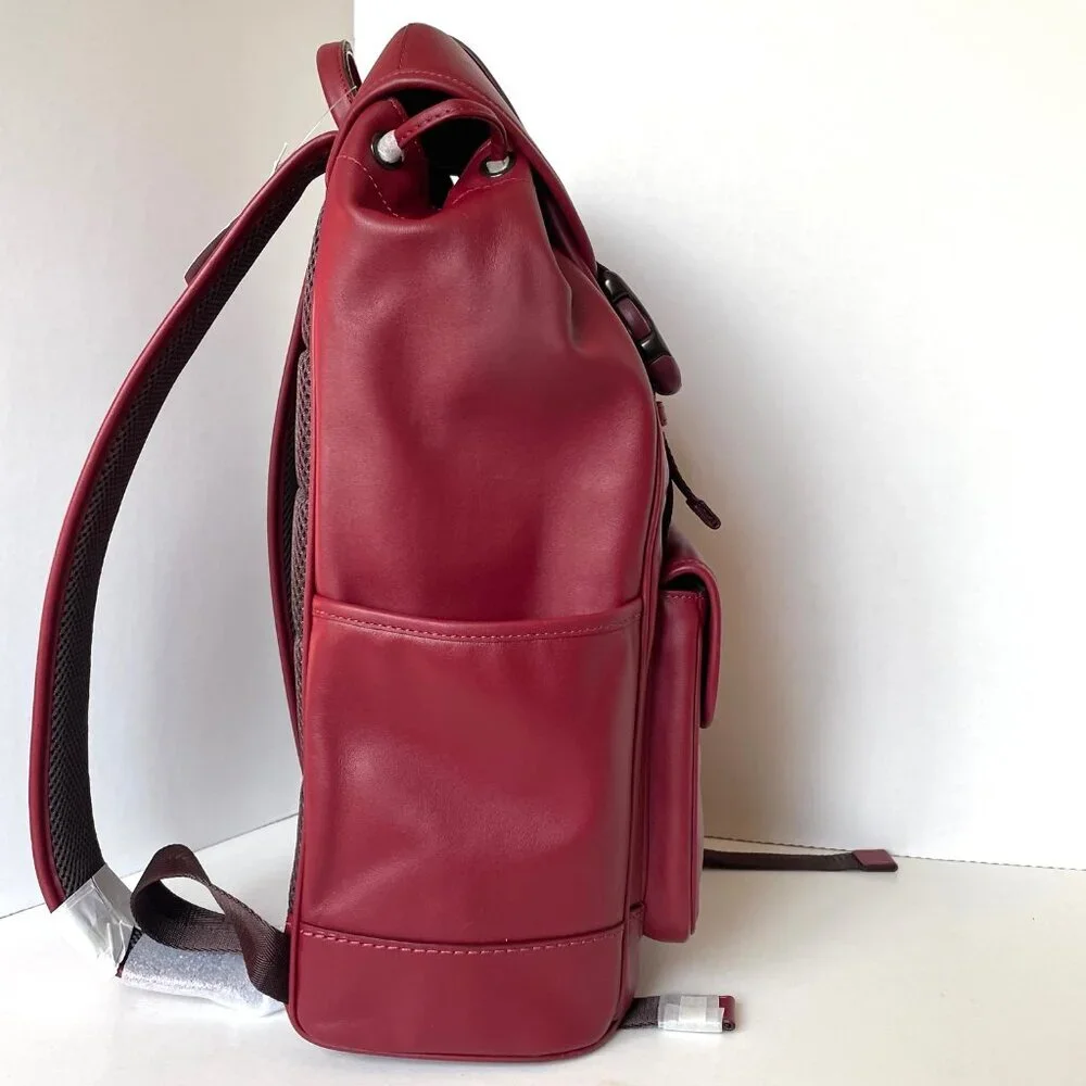Coach League Flap Backpack Dark Ruby Leather Laptop Bag Mens
